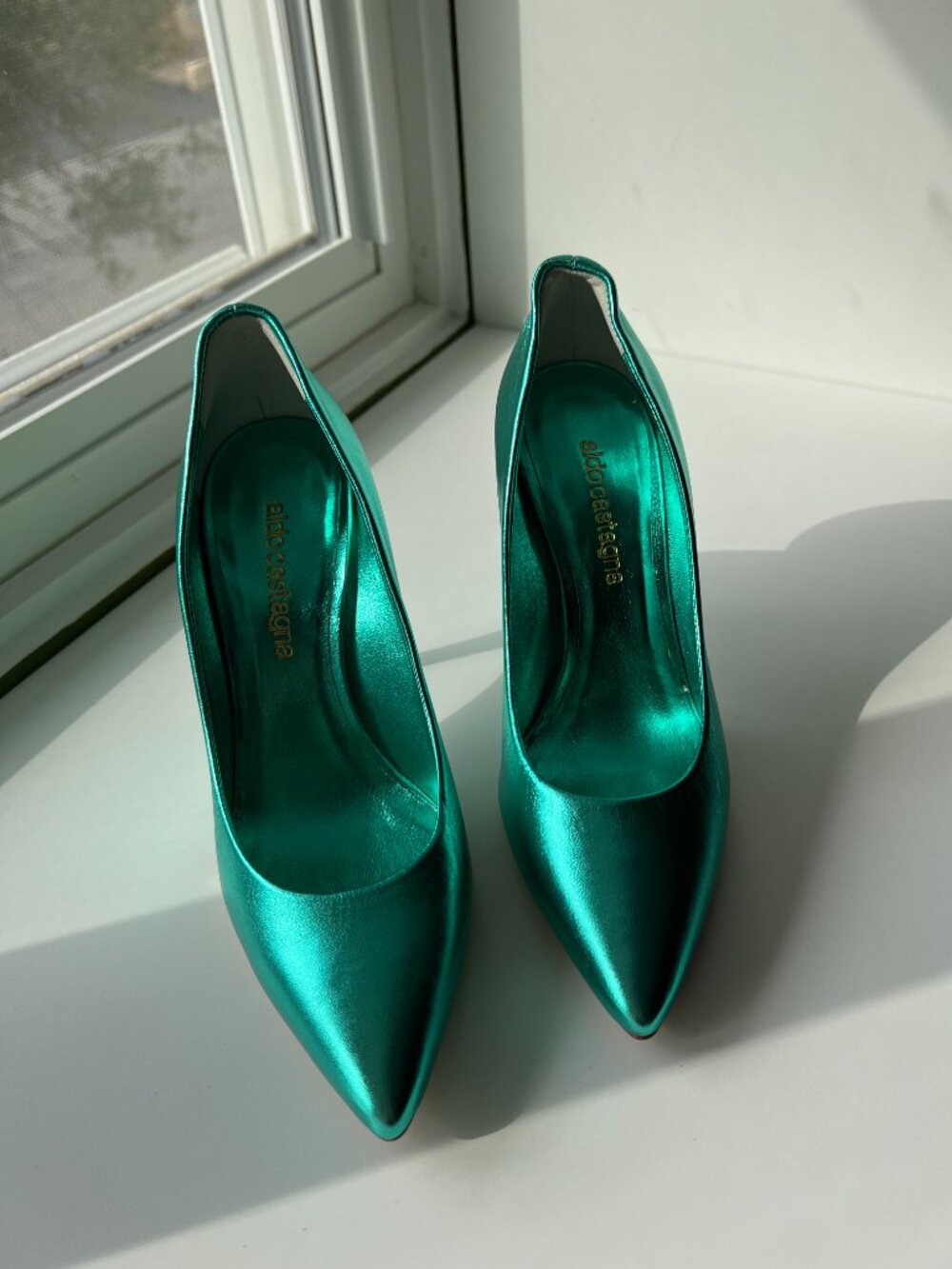 Aldo Castagna Teal Green Metallic Real Leather Pumps Made in Italy 37,5 US 7